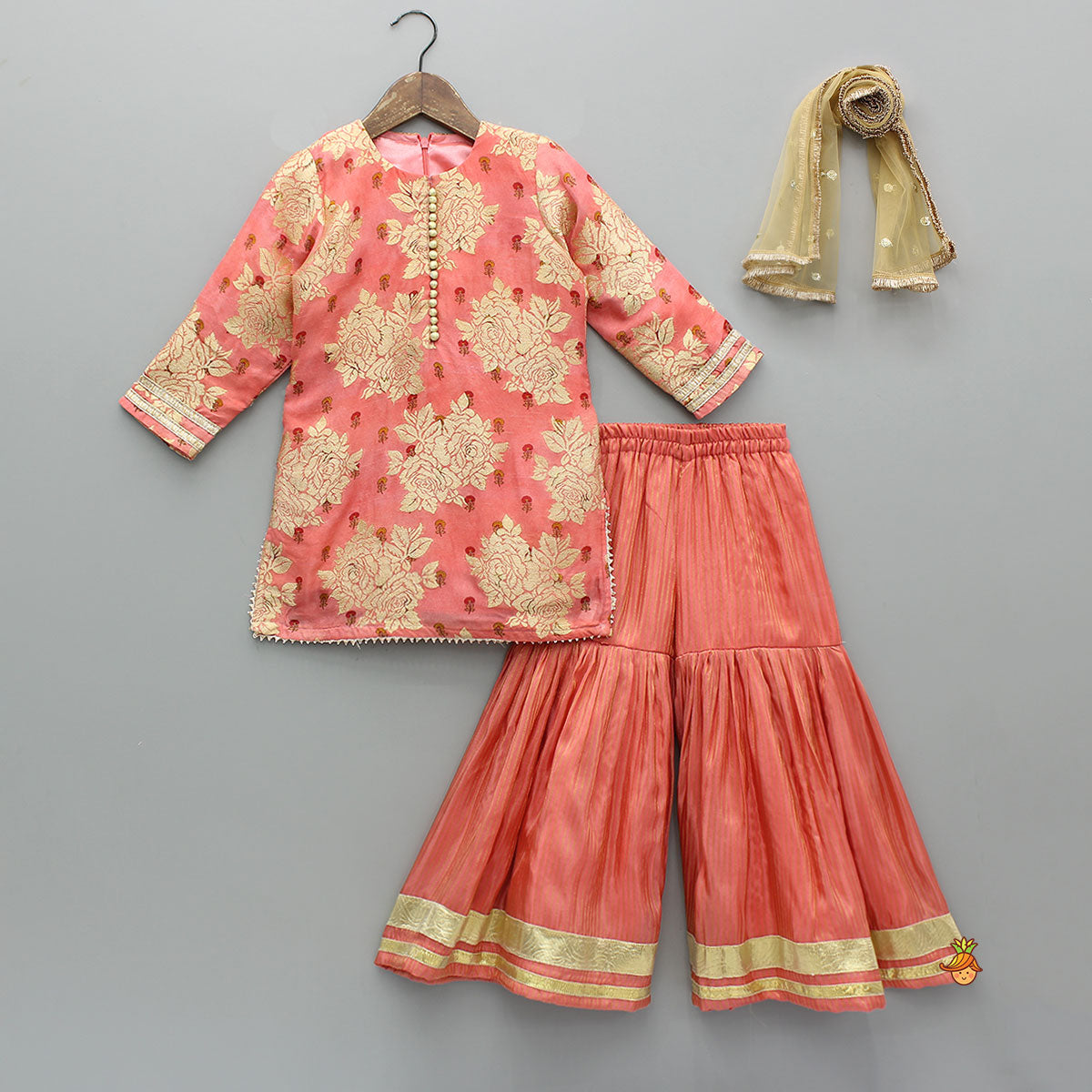 Potli Button-Detail Floral Brocade Kurti With Striped Sharara And Dupatta