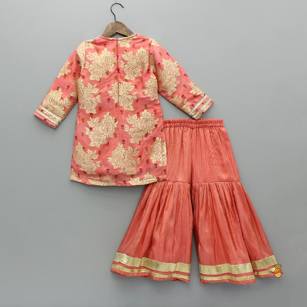Potli Button-Detail Floral Brocade Kurti With Striped Sharara And Dupatta