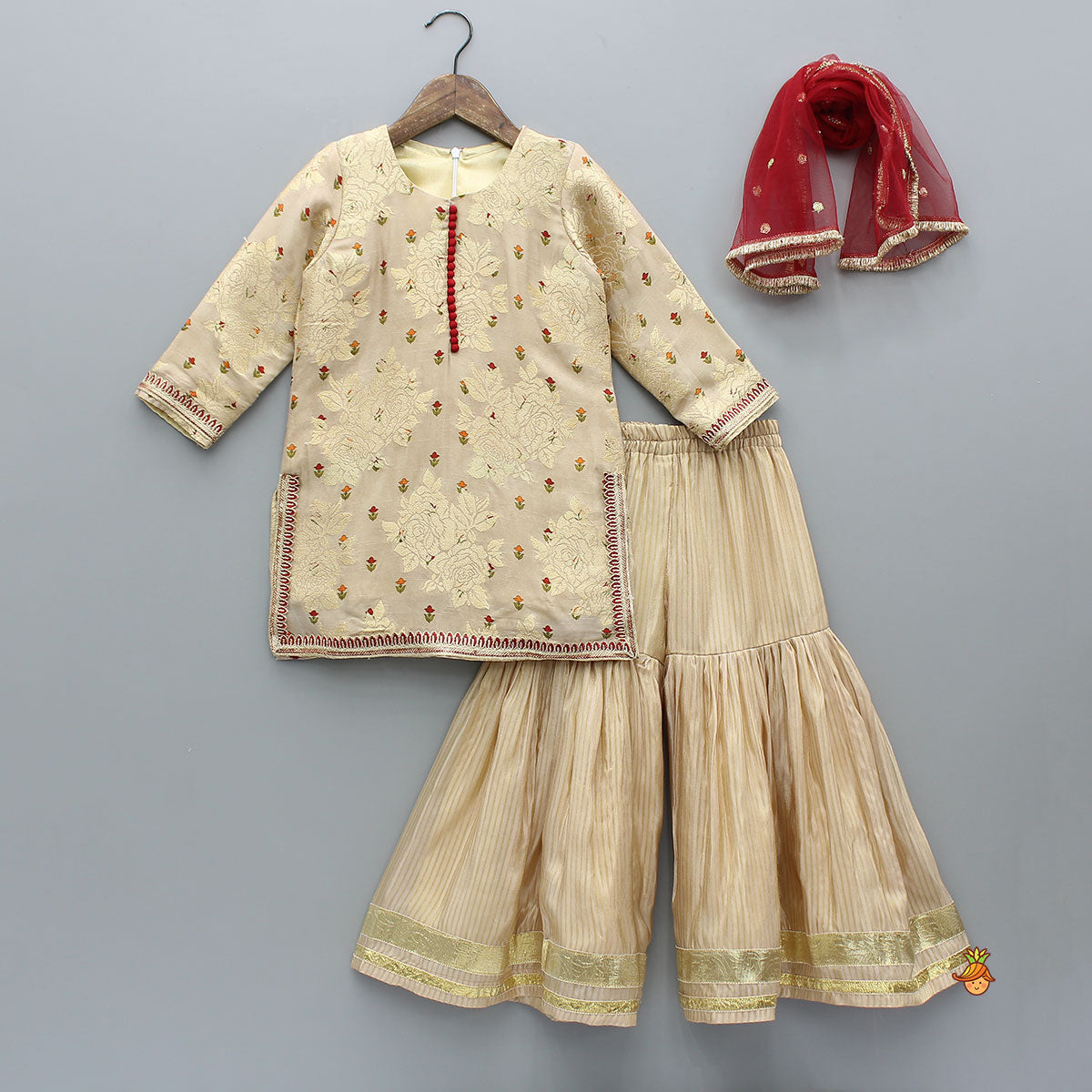 Potli Button-Detail Floral Brocade Gorgeous Kurti With Striped Sharara And Dupatta