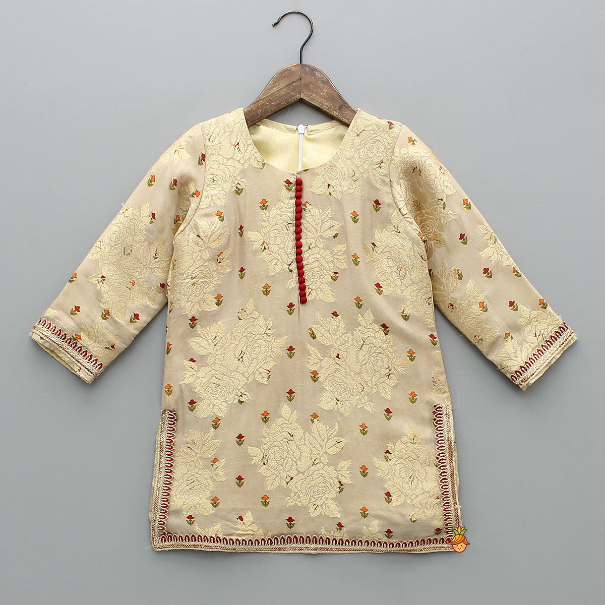 Potli Button-Detail Floral Brocade Gorgeous Kurti With Striped Sharara And Dupatta