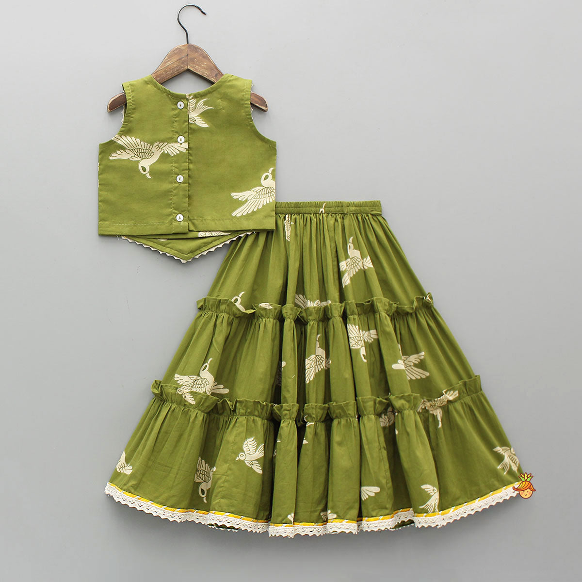 Bird-Printed Sleeveless Top With Tiered Lehenga