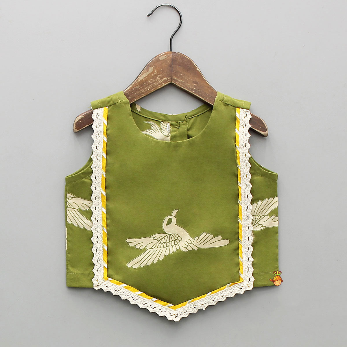 Bird-Printed Sleeveless Top With Tiered Lehenga