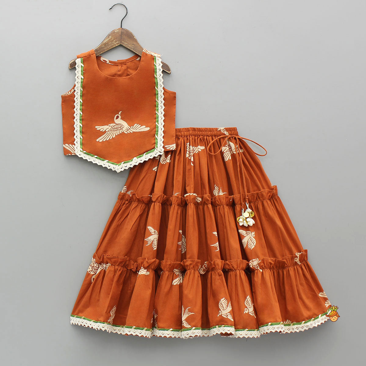 Bird-Printed Sleeveless Ethnic Top With Tiered Lehenga