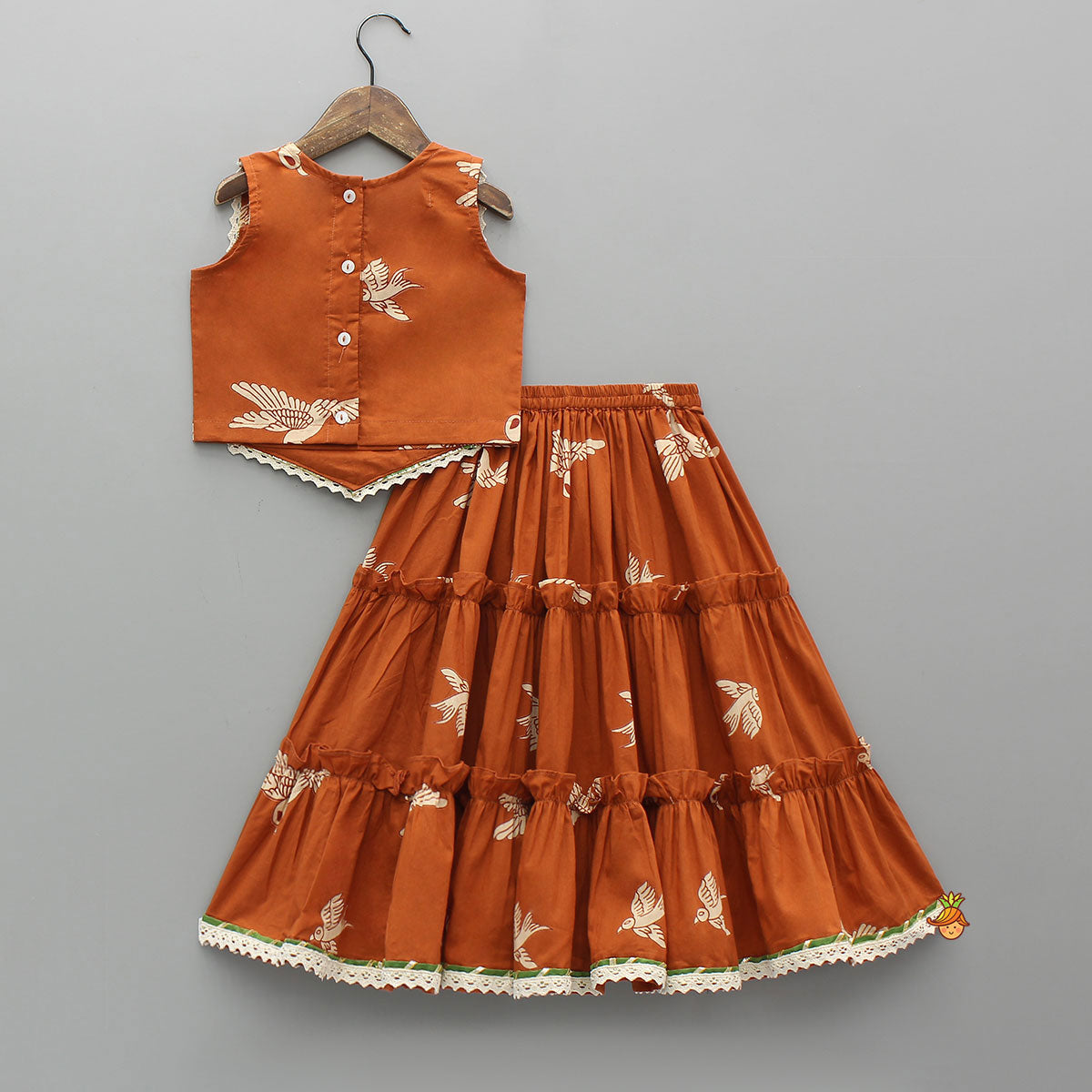 Bird-Printed Sleeveless Ethnic Top With Tiered Lehenga