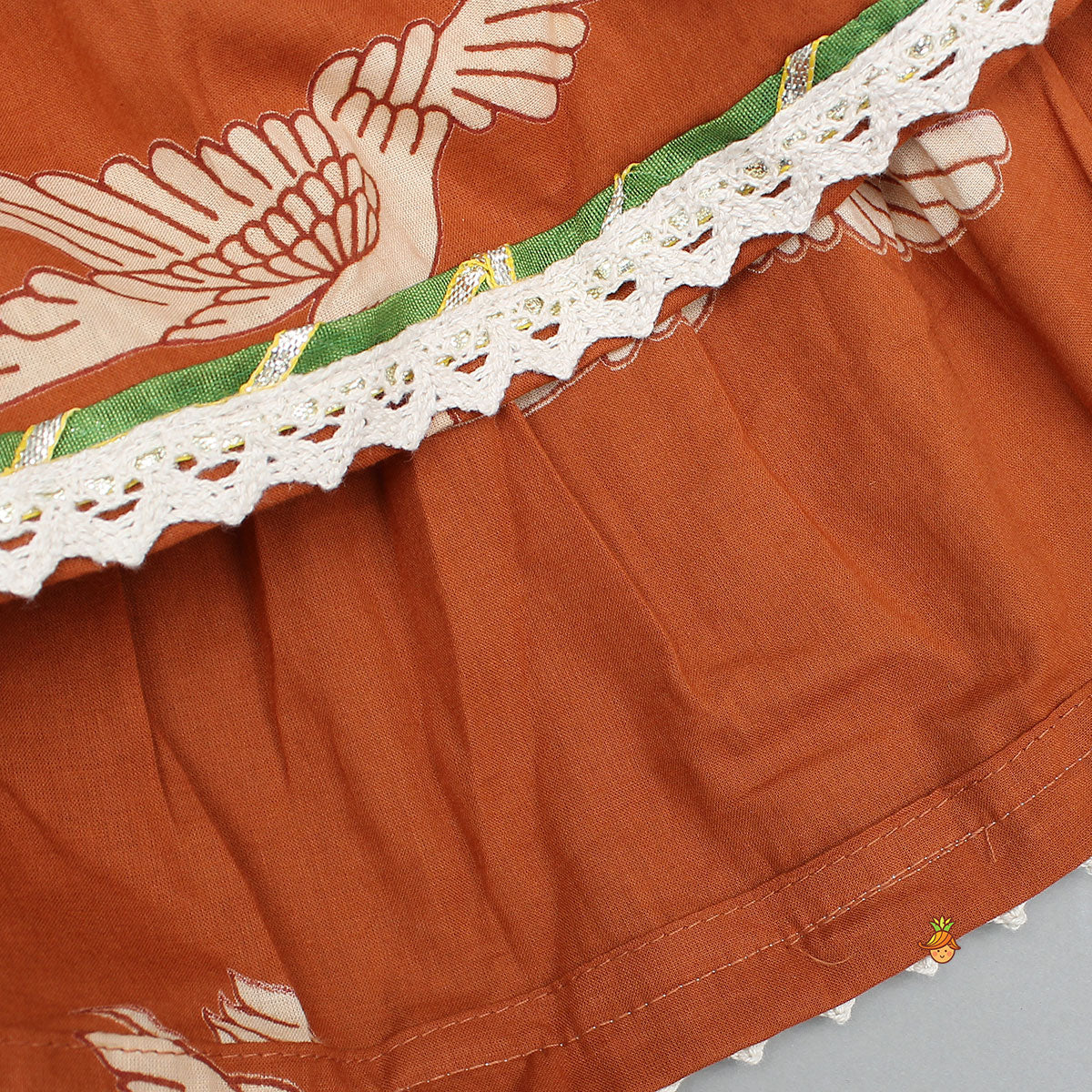 Bird-Printed Sleeveless Ethnic Top With Tiered Lehenga