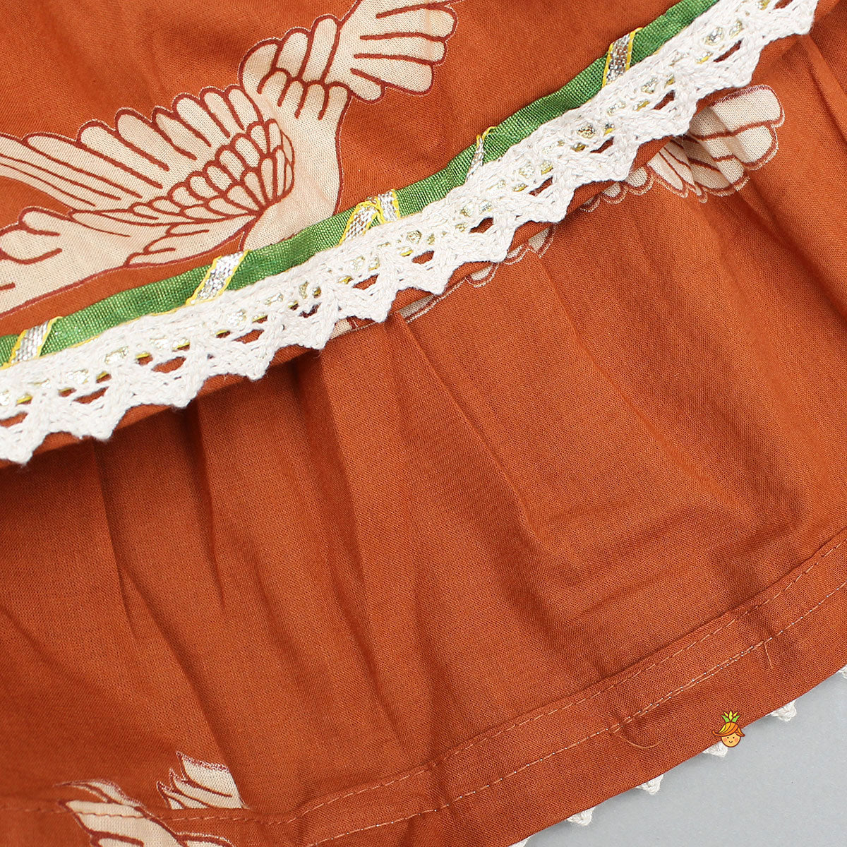 Bird-Printed Sleeveless Ethnic Top With Tiered Lehenga