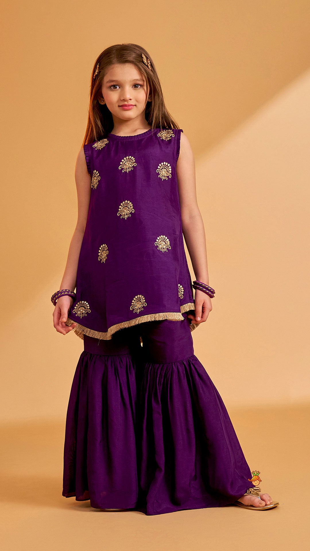 Sequin Embroidered Pleat Detailed Kurti With Sharara And Dupatta