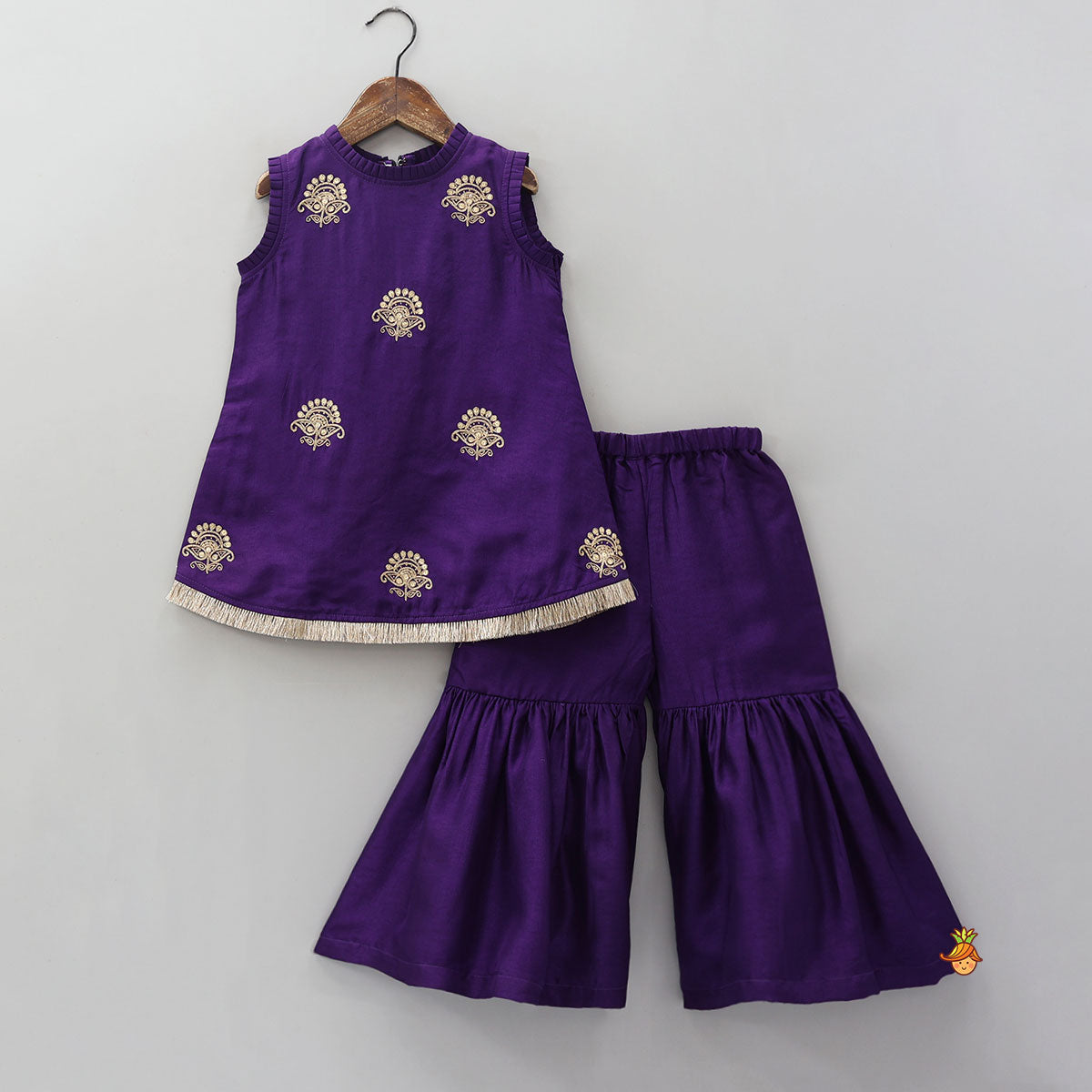 Sequin Embroidered Pleat Detailed Kurti With Sharara And Dupatta