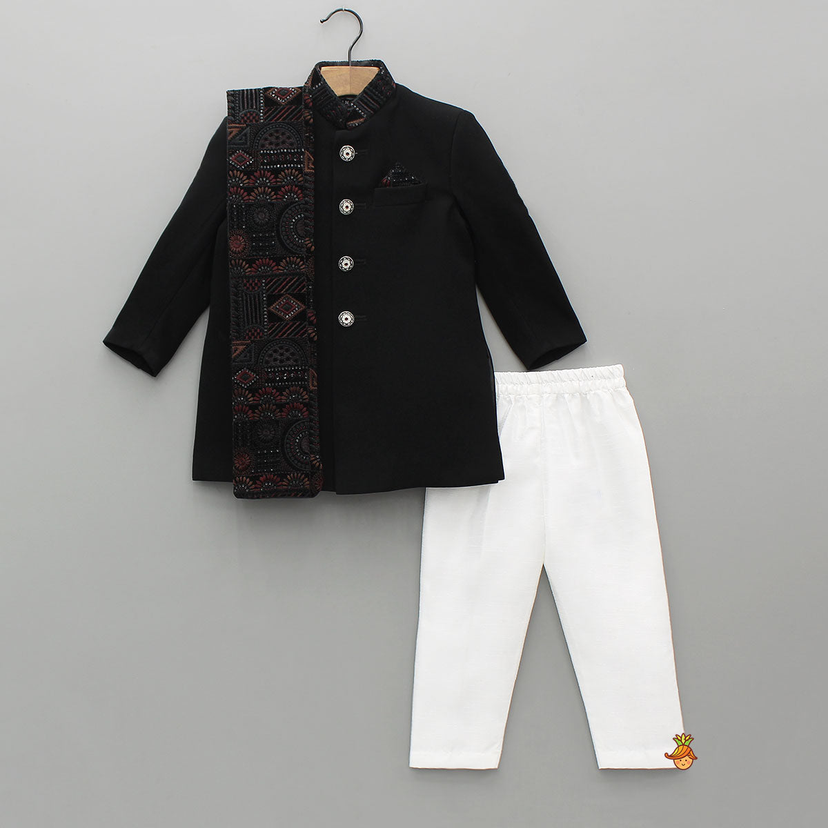 Embroidered Pocket-Square Sherwani With Pyjama And Shawl