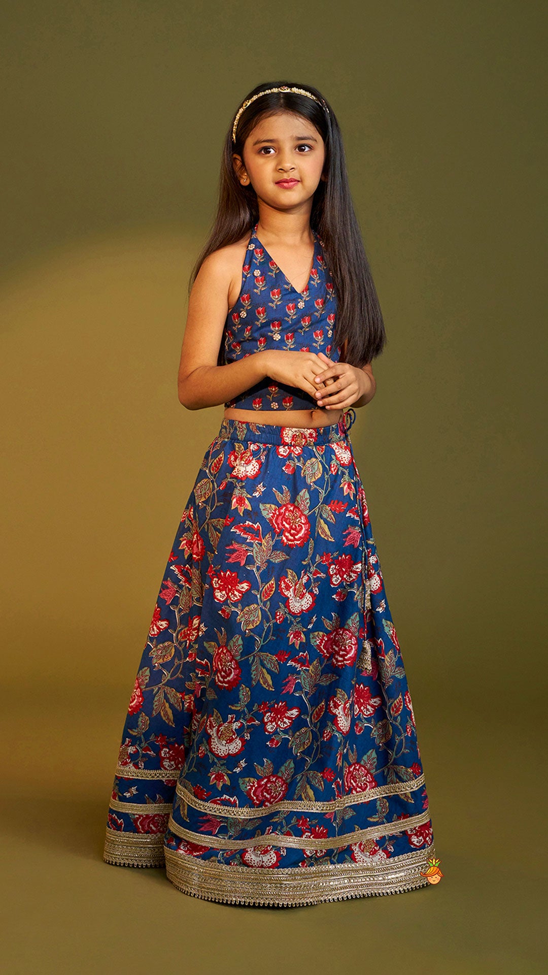Floral Printed Halter Neck Cotton Top With Floral Printed Lehenga