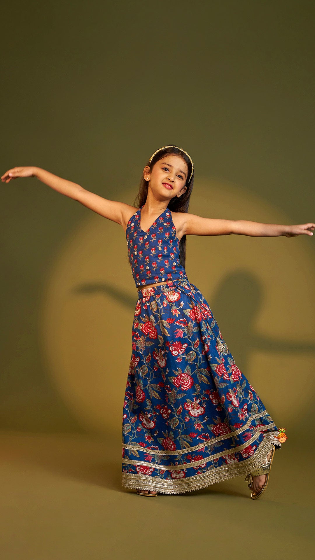 Floral Printed Halter Neck Cotton Top With Floral Printed Lehenga