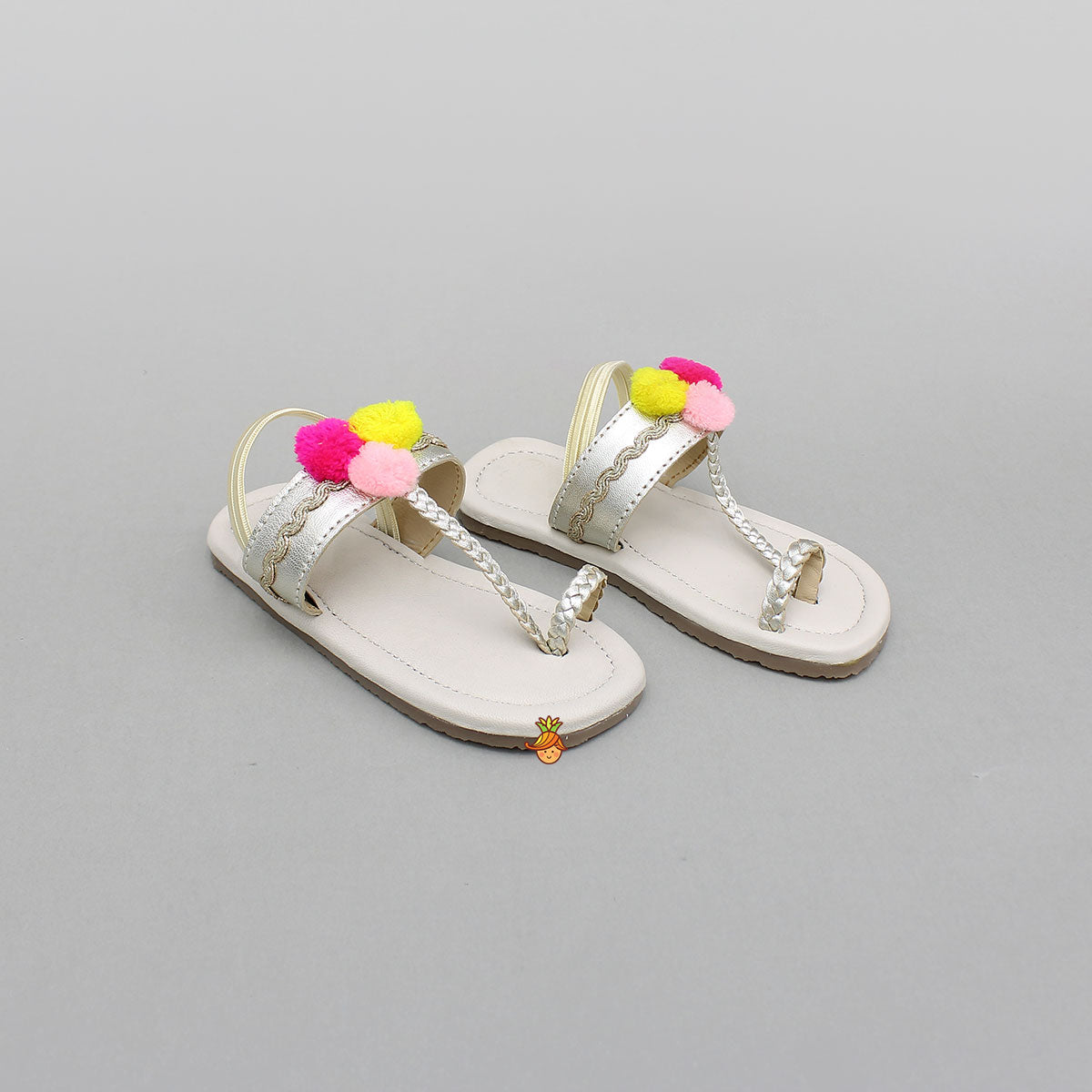 Braided Toe-Ring Kolhapuri Flats With Pom-Pom Adornments
