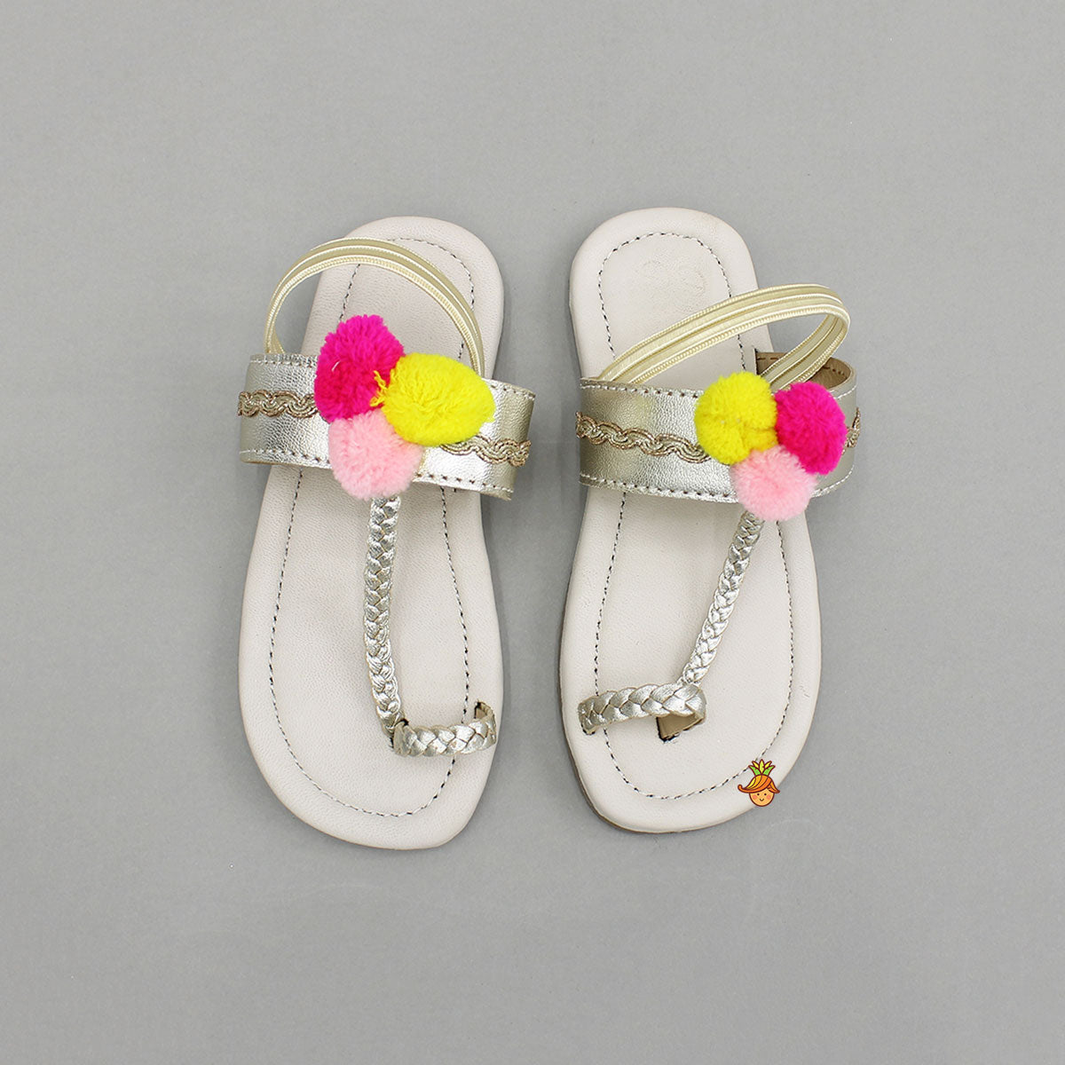 Braided Toe-Ring Kolhapuri Flats With Pom-Pom Adornments