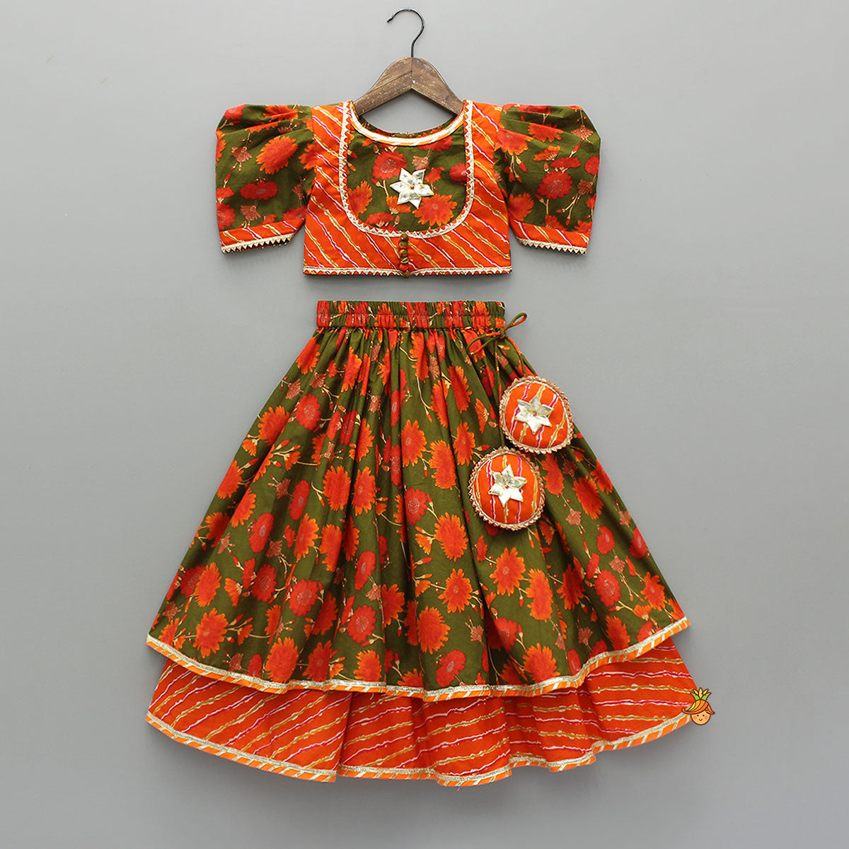 Leheriya Printed Jacket Style Top And Layered Lehenga With Ruffle Dupatta