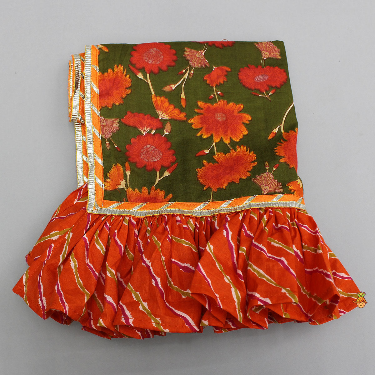 Leheriya Printed Jacket Style Top And Layered Lehenga With Ruffle Dupatta