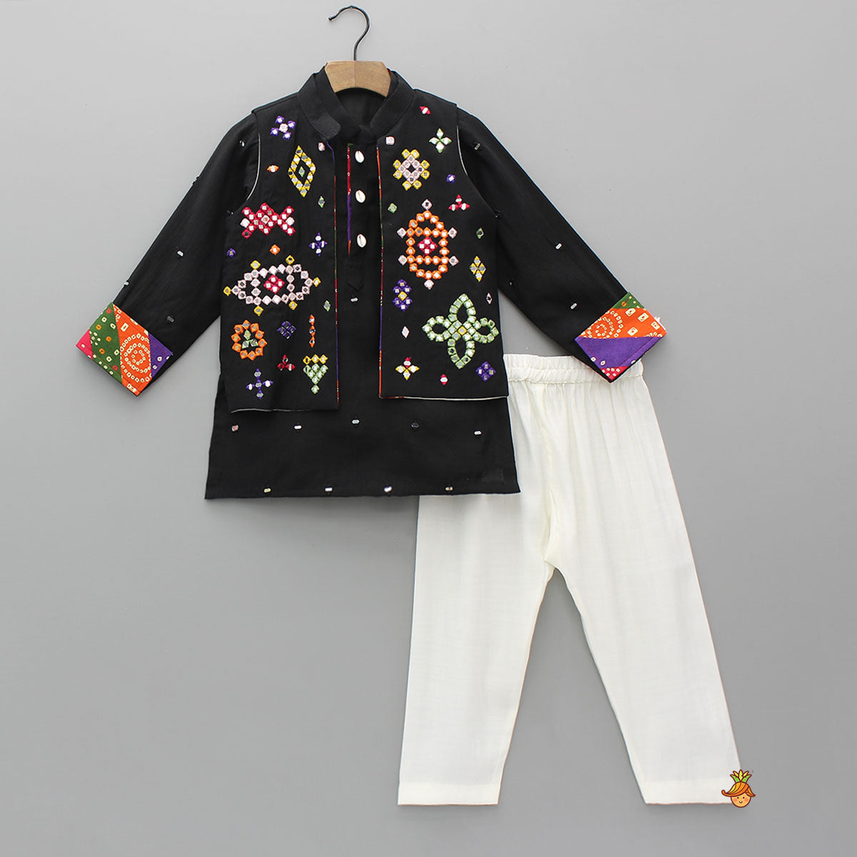 Mirror Work Kurta With Front-Open Jacket And Pyjama