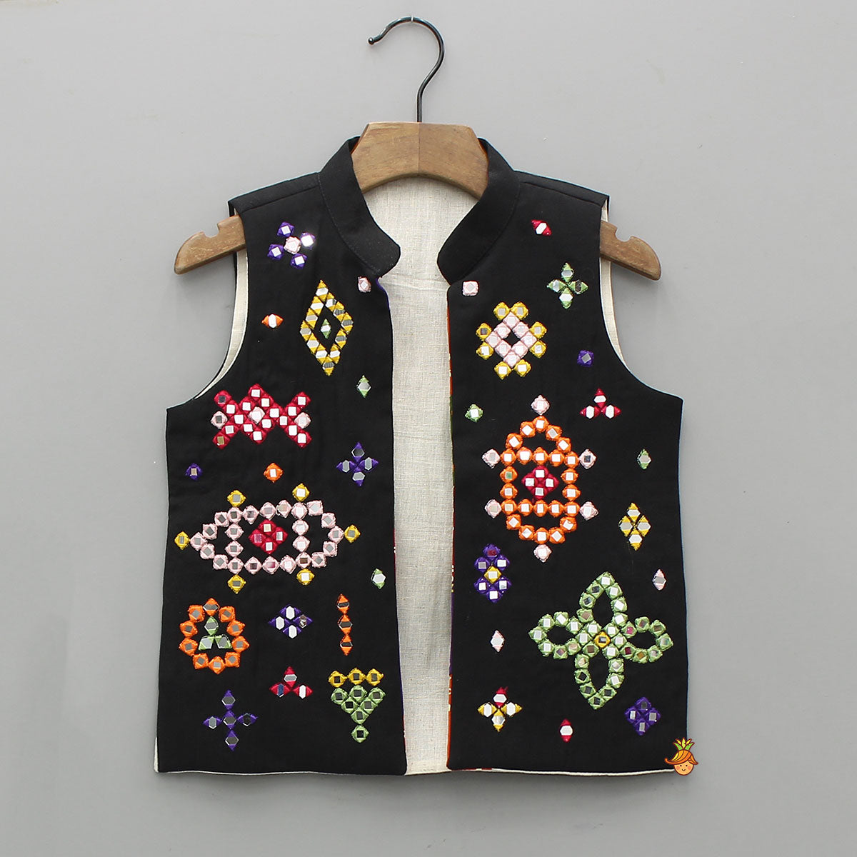 Mirror Work Kurta With Front-Open Jacket And Pyjama