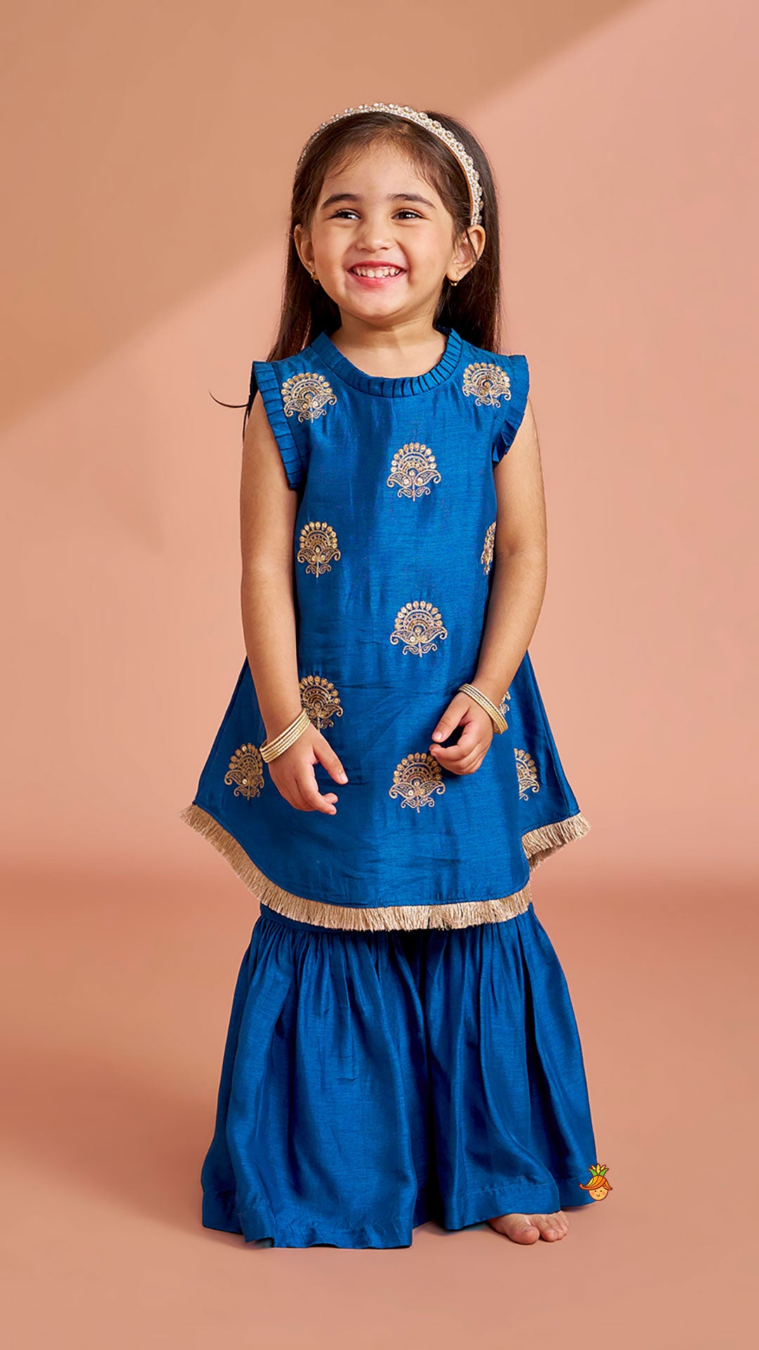 Pleat Detailed Zari Embroidered Kurti With Sharara And Dupatta