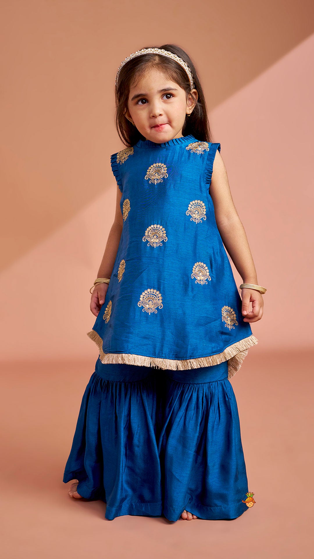 Pleat Detailed Zari Embroidered Kurti With Sharara And Dupatta