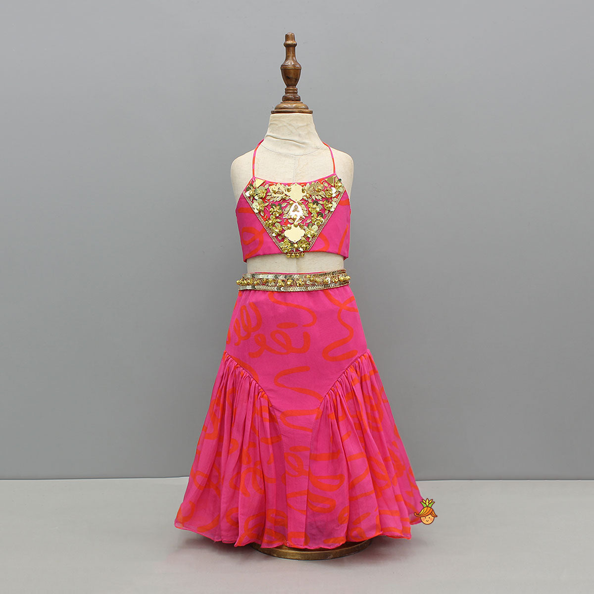 Sequins Embroidered Yoke Top With Printed Lehenga