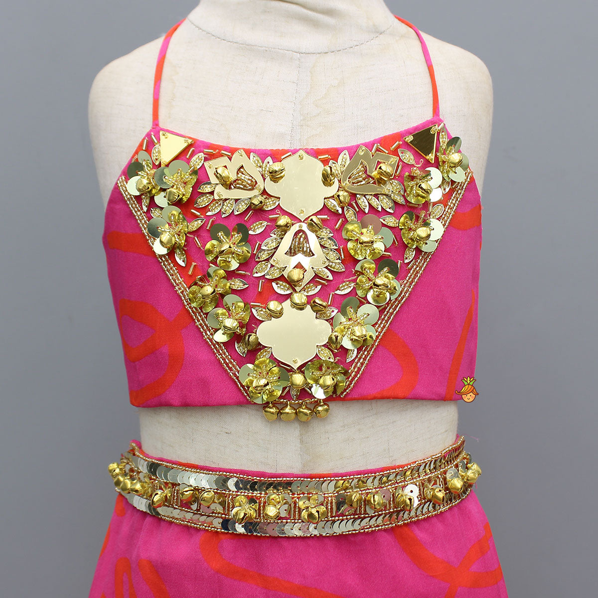 Sequins Embroidered Yoke Top With Printed Lehenga