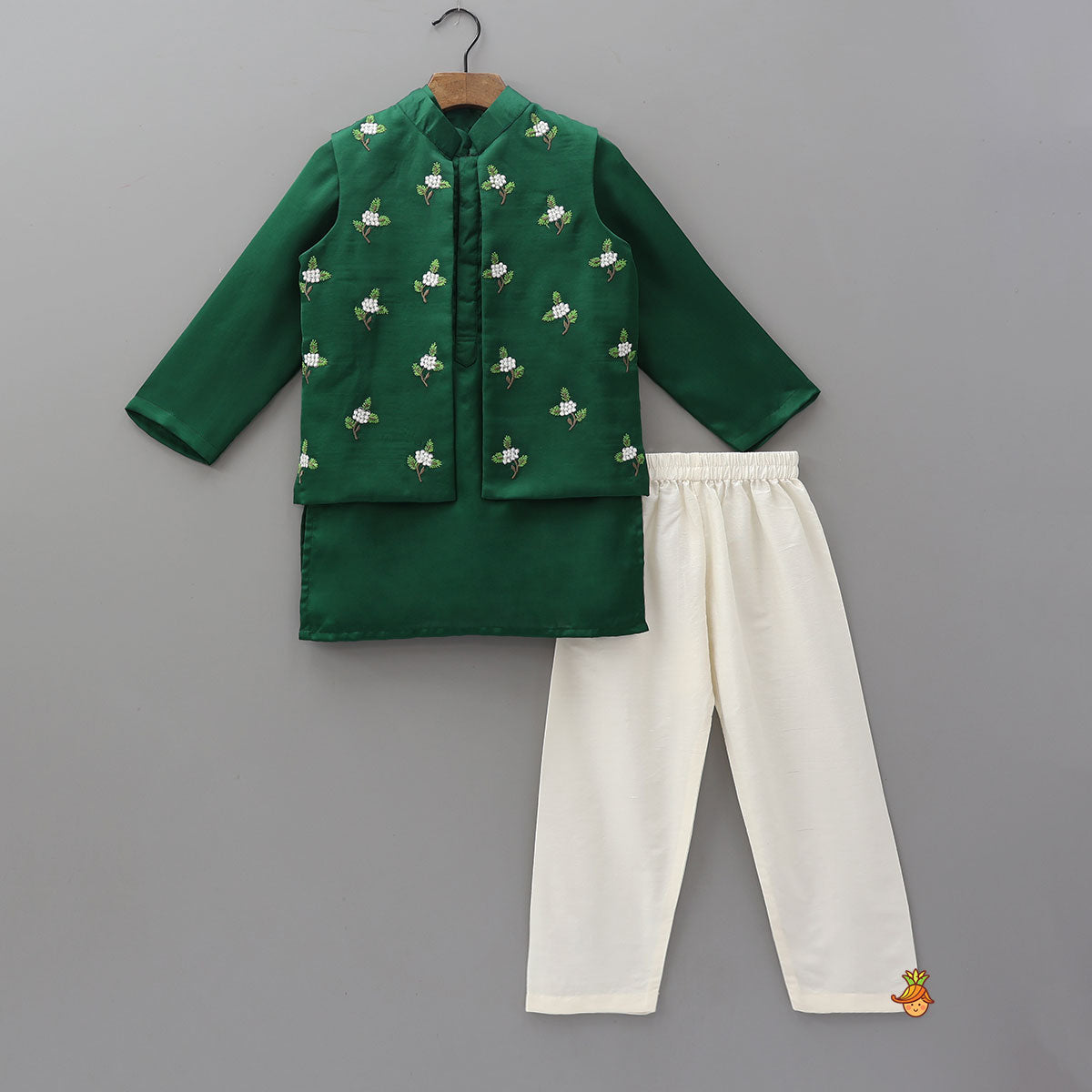 Ethnic Kurta With Floral-Embroidered Exquisite Jacket And Pyjama