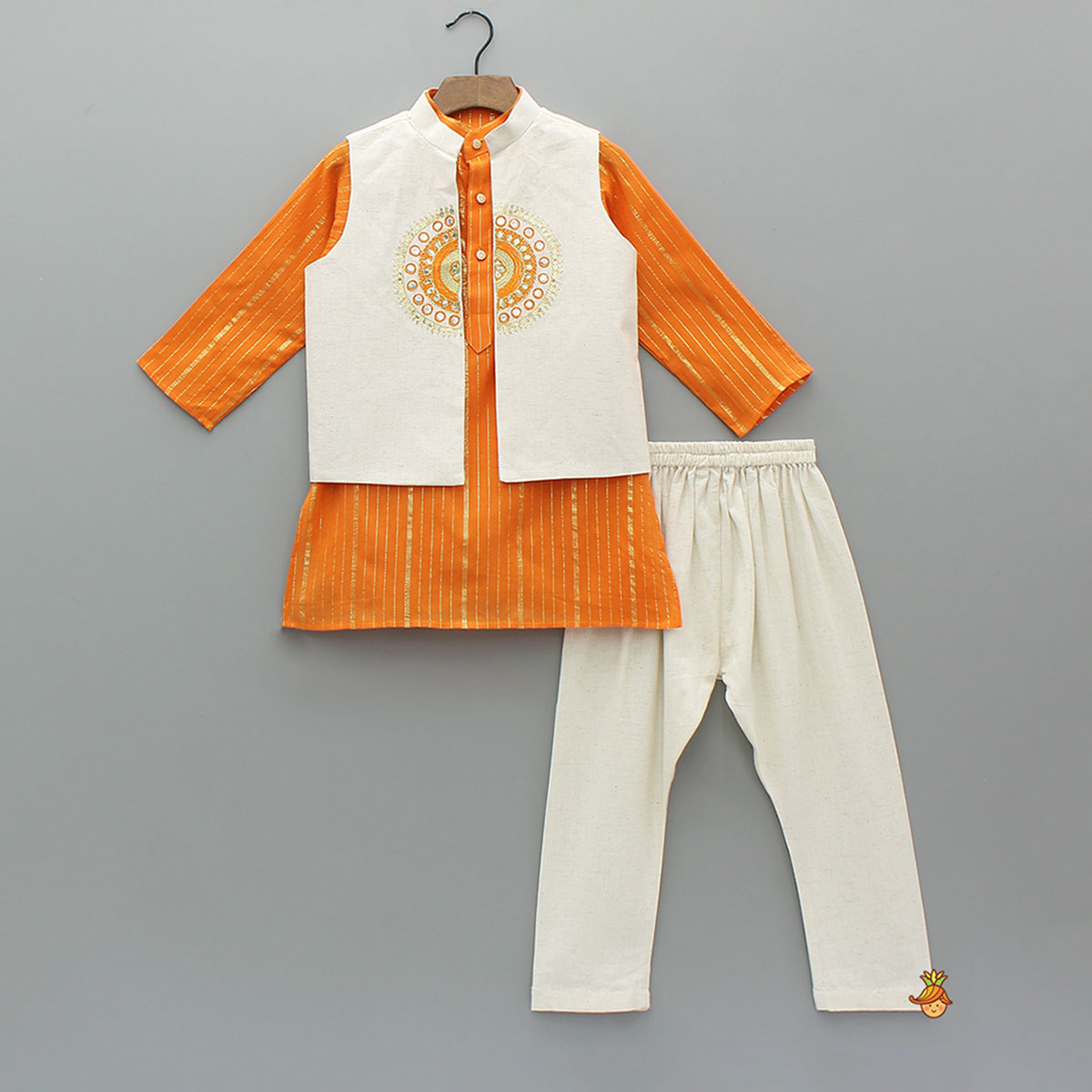 Lurex-Striped Kurta With Faux Mirror Work Jacket And Churidar