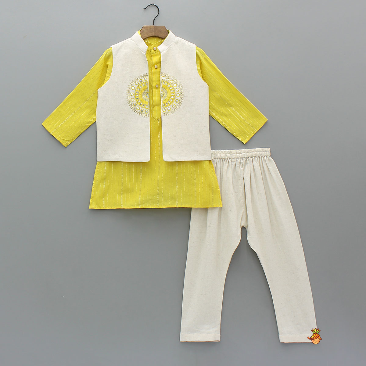 Lurex-Striped Kurta With Embroidered Jacket And Churidar