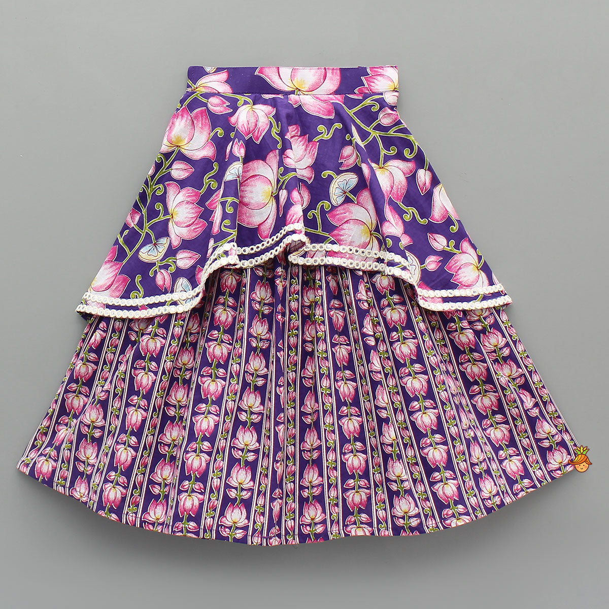Lotus Embroidered Top And Layered Lehenga With Dupatta And Fringed Potli Bag