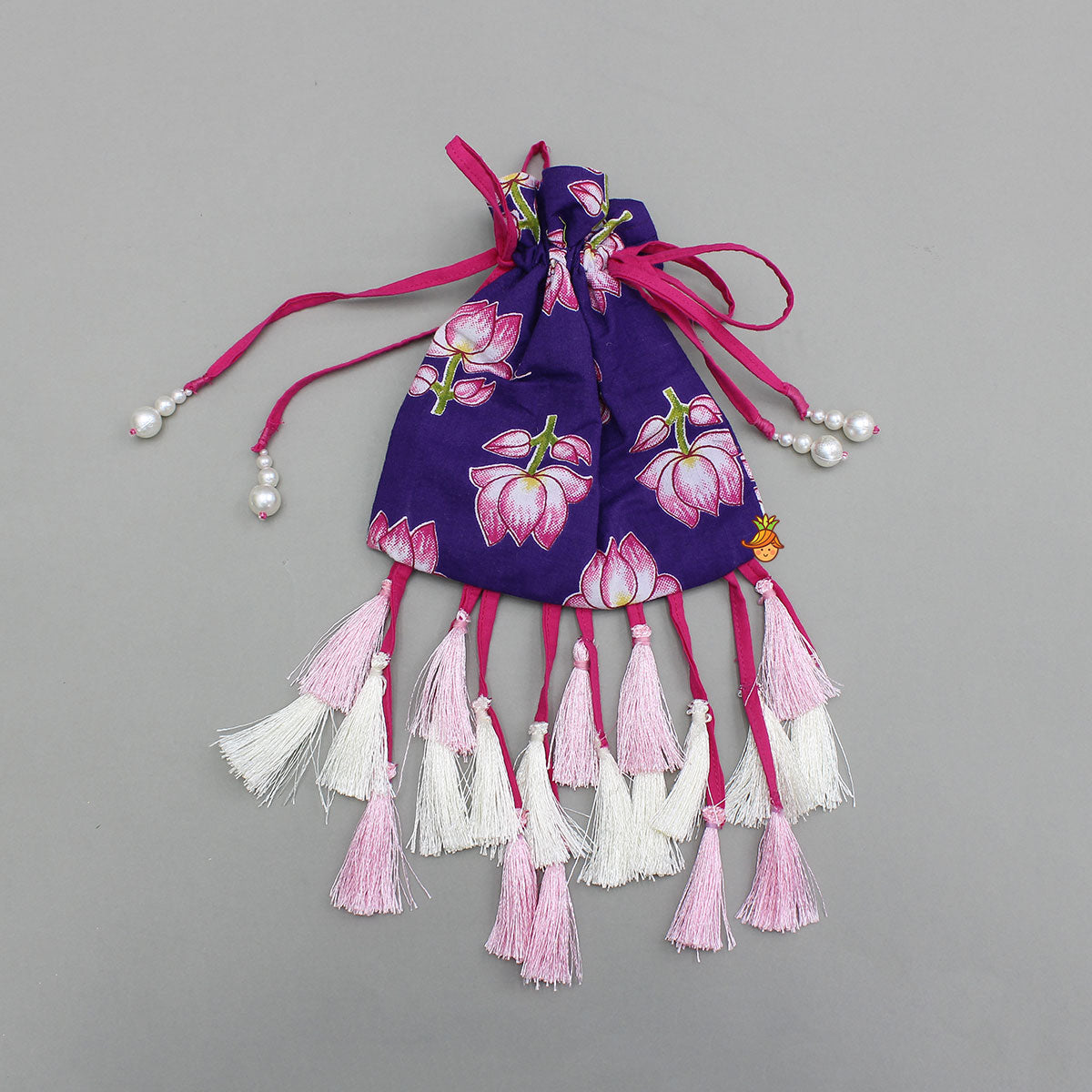 Lotus Embroidered Top And Layered Lehenga With Dupatta And Fringed Potli Bag