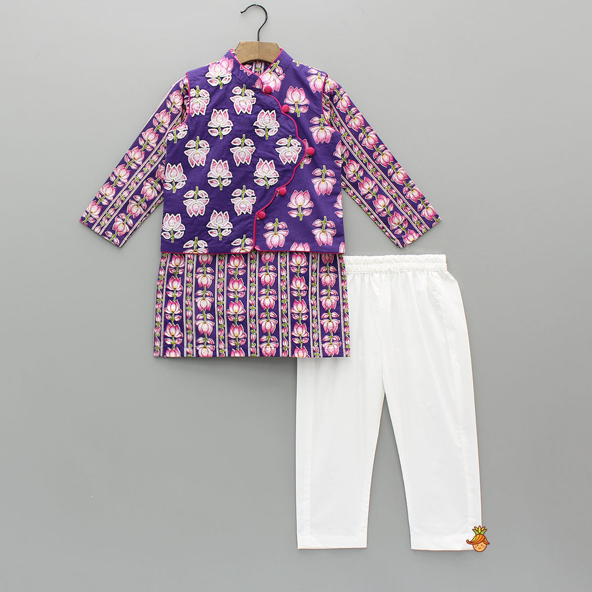 Lotus Printed Kurta With Scalloped Design Jacket And Pyjama