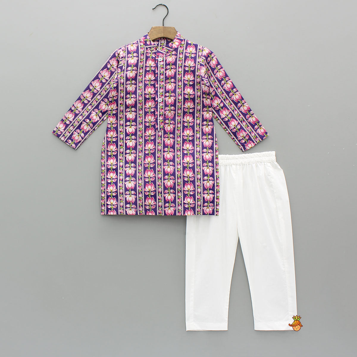 Lotus Printed Kurta With Scalloped Design Jacket And Pyjama
