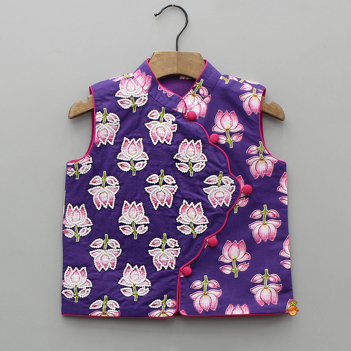 Lotus Printed Kurta With Scalloped Design Jacket And Pyjama