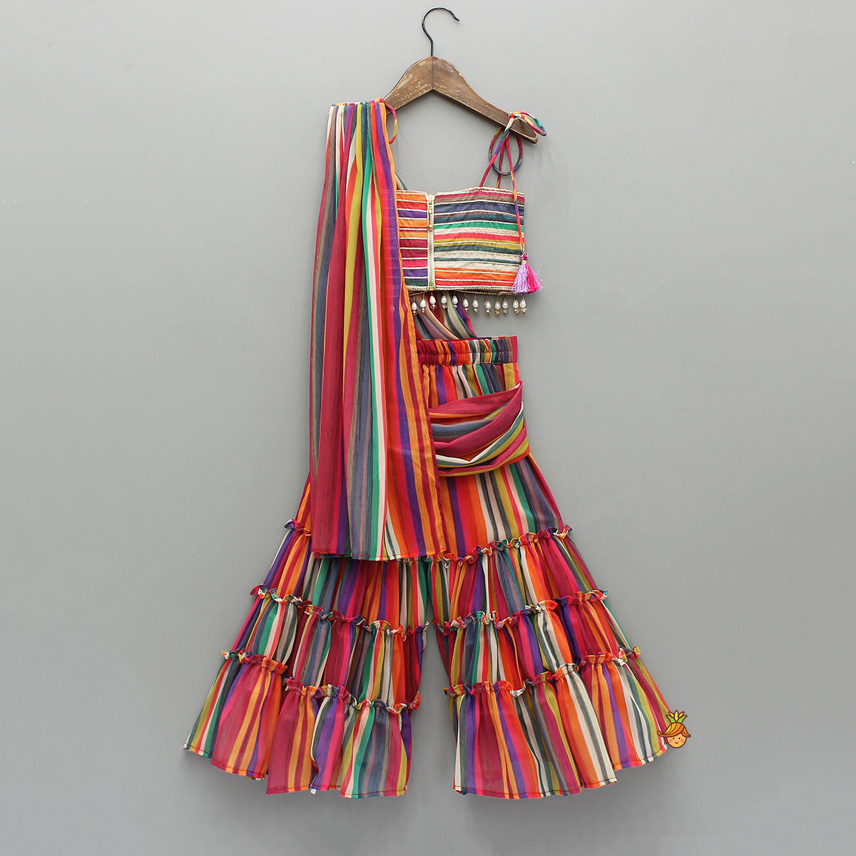 Gorgeous Striped Top With Tiered Sharara And Attached Drape Dupatta