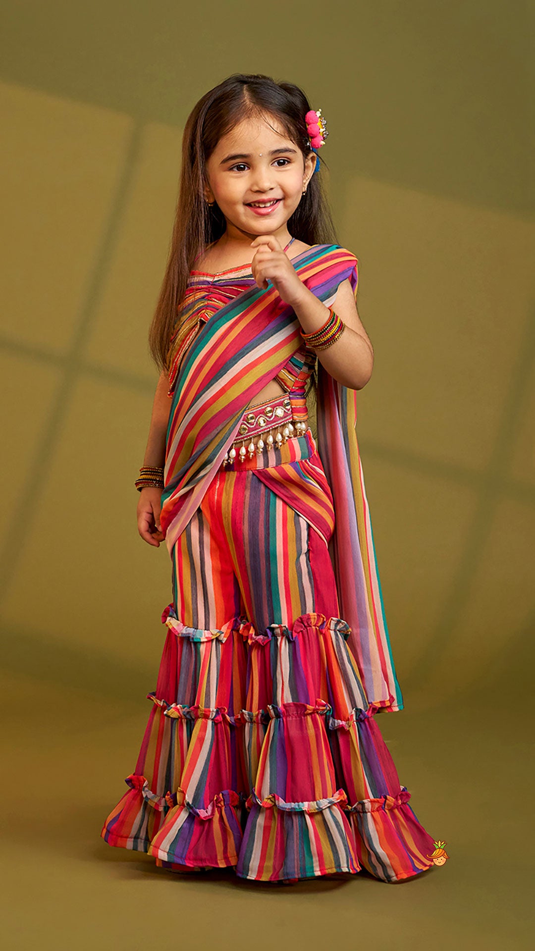 Gorgeous Striped Top With Tiered Sharara And Attached Drape Dupatta