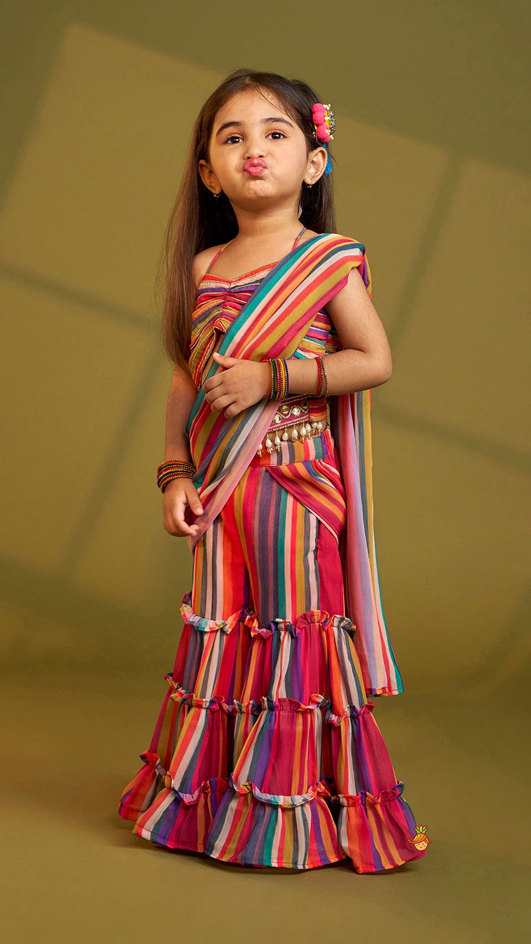 Gorgeous Striped Top With Tiered Sharara And Attached Drape Dupatta