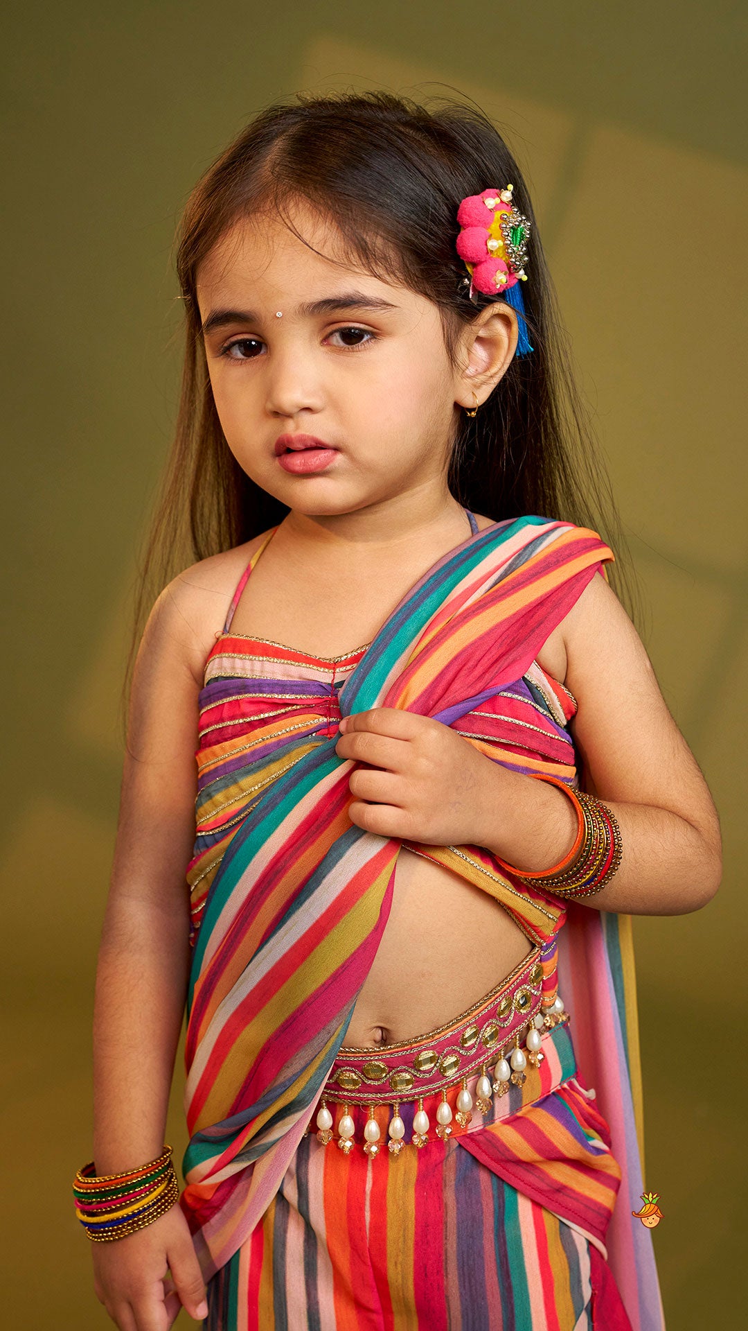 Gorgeous Striped Top With Tiered Sharara And Attached Drape Dupatta