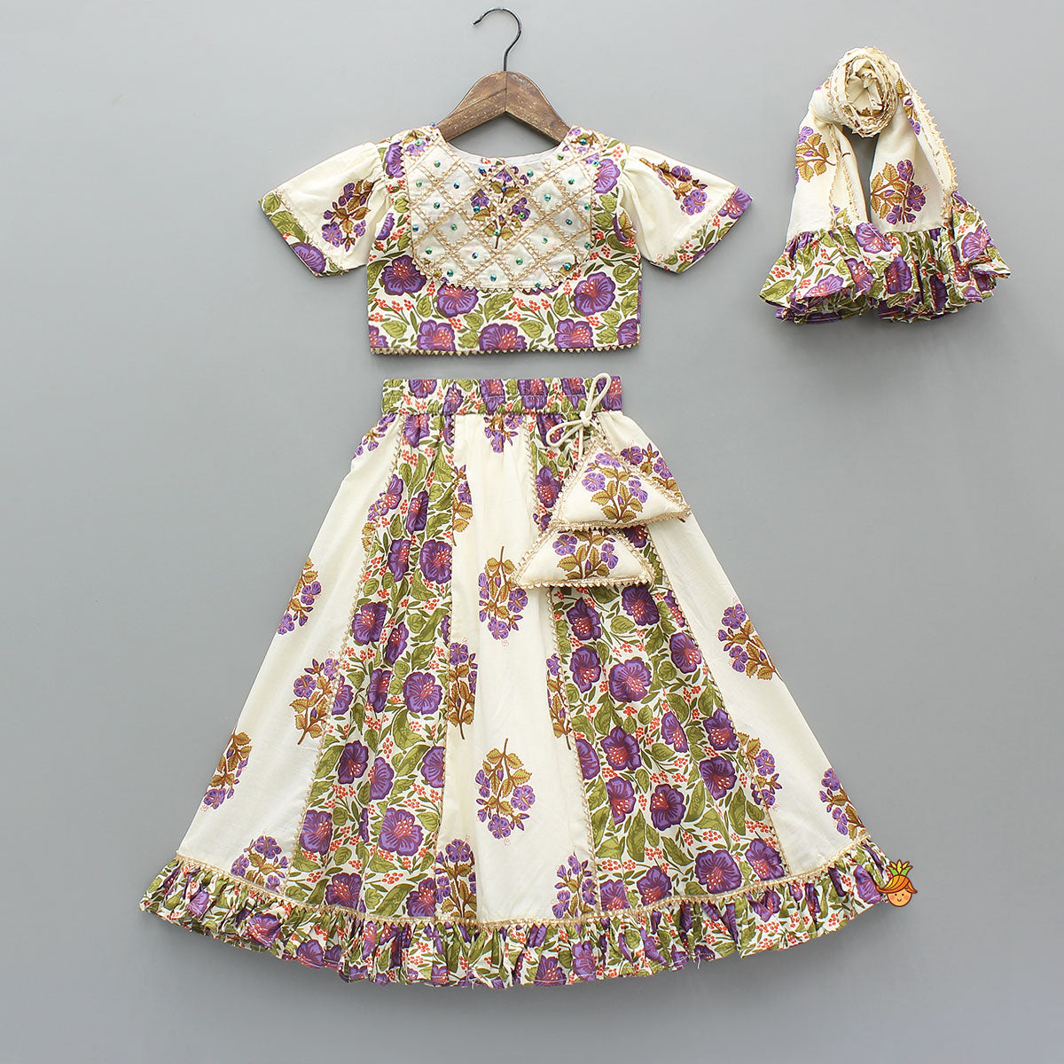 Checked Gota Lace Detailed Yoke Top And Floral Printed Lehenga With Matching Dupatta