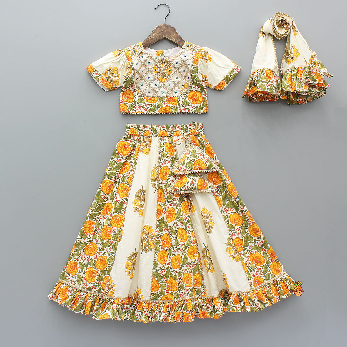 Checks Gota Work Yoke Top And Floral Printed Lehenga With Matching Dupatta