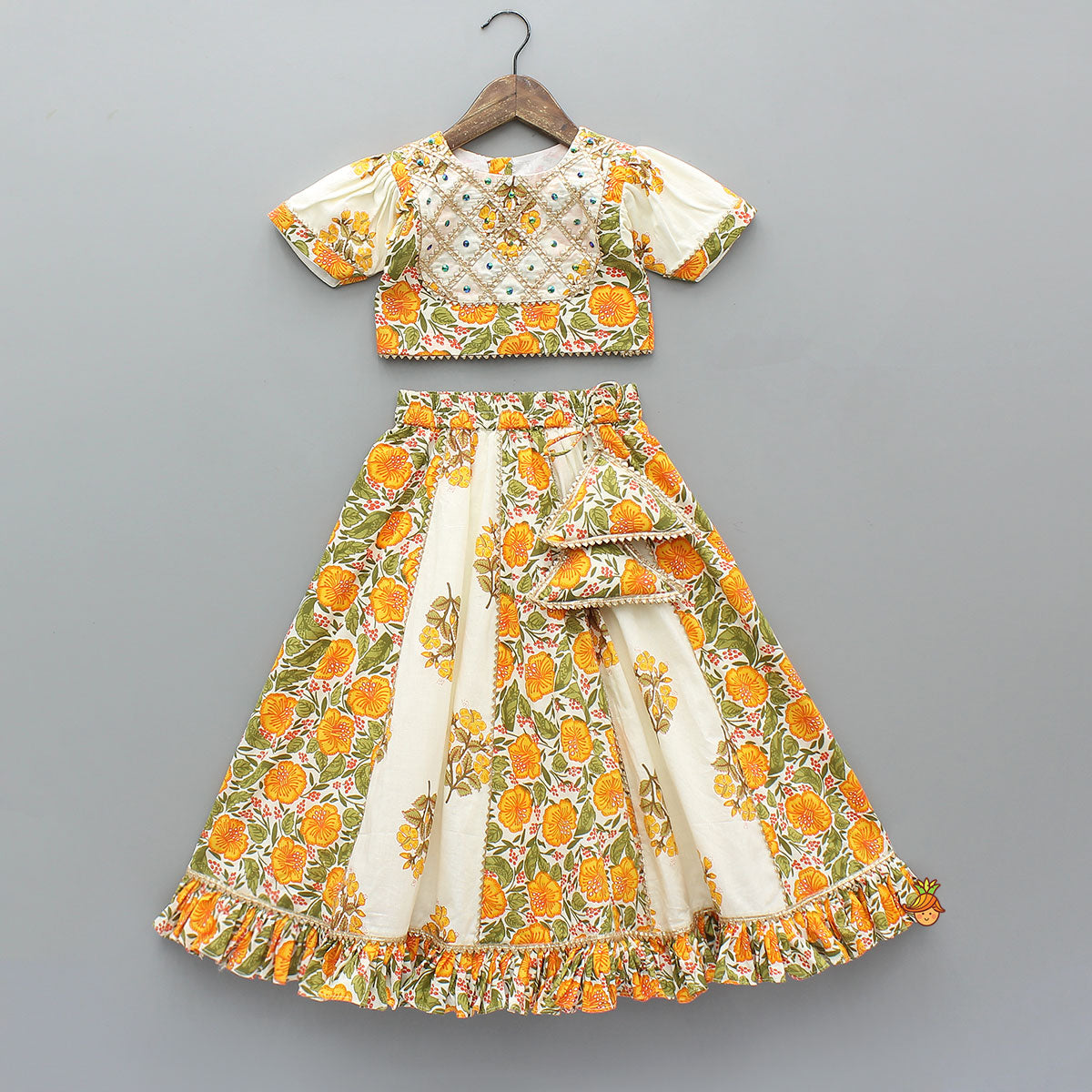 Checks Gota Work Yoke Top And Floral Printed Lehenga With Matching Dupatta