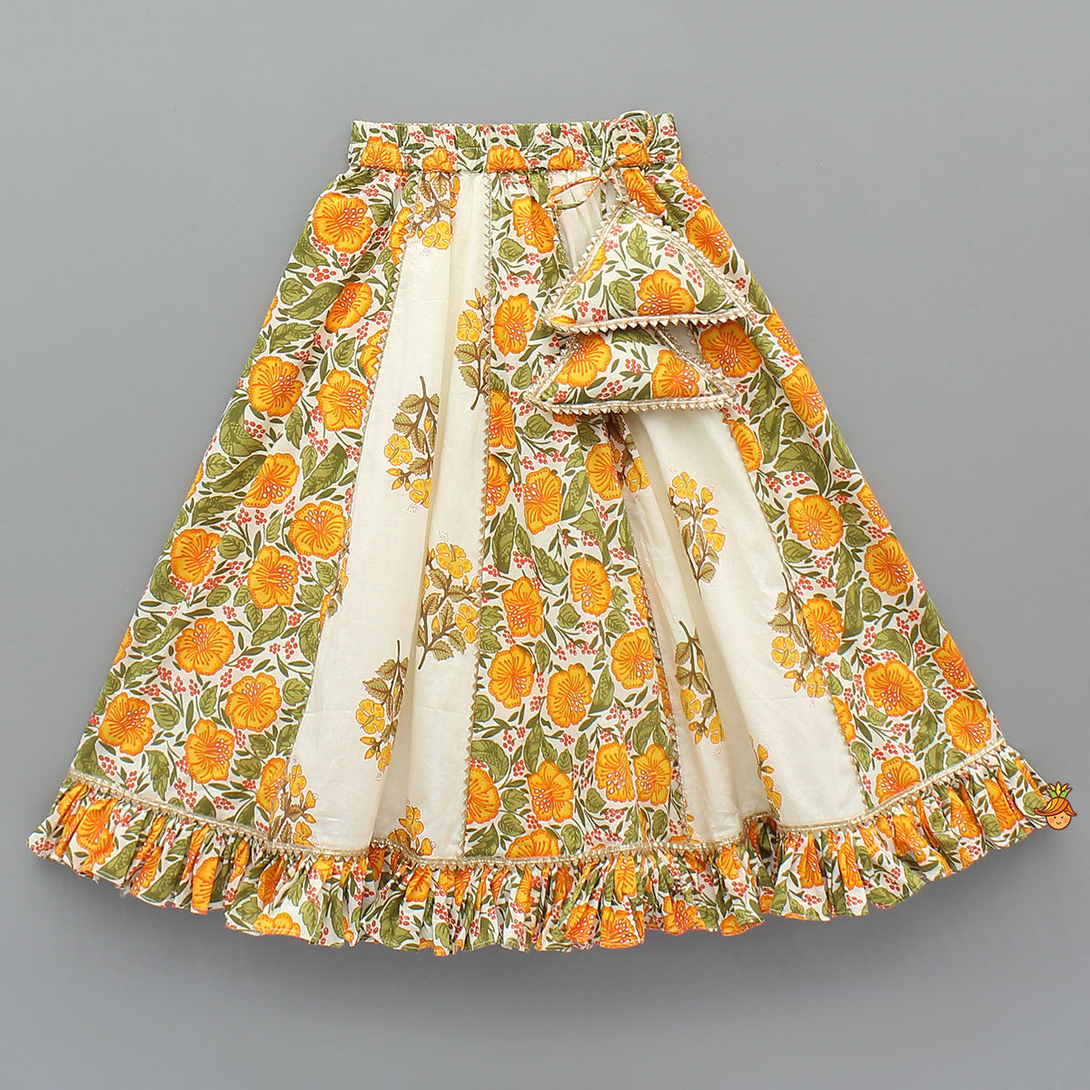 Checks Gota Work Yoke Top And Floral Printed Lehenga With Matching Dupatta