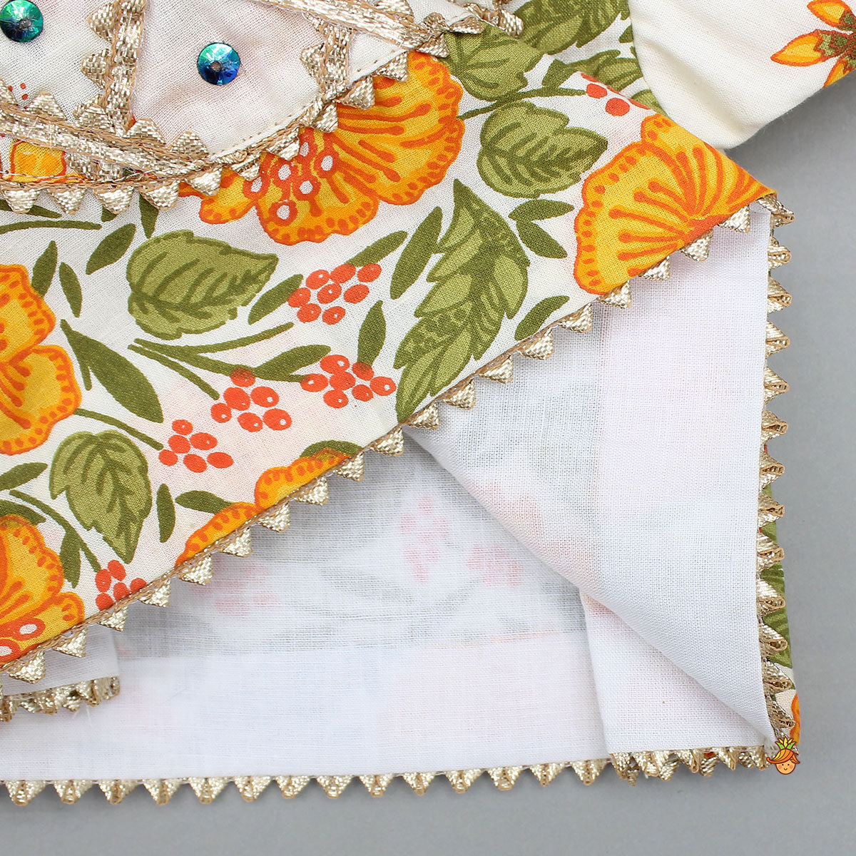 Checks Gota Work Yoke Top And Floral Printed Lehenga With Matching Dupatta