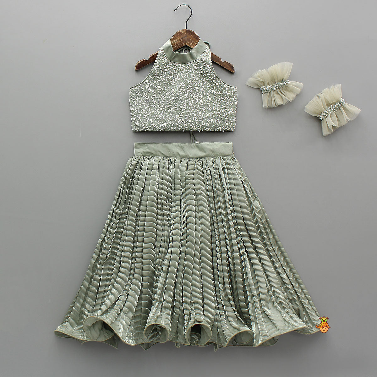 Gorgeous Open-Back Top And Crushed Lehenga with Wrist Cuff