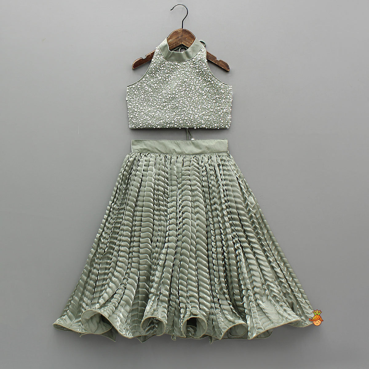 Gorgeous Open-Back Top And Crushed Lehenga with Wrist Cuff