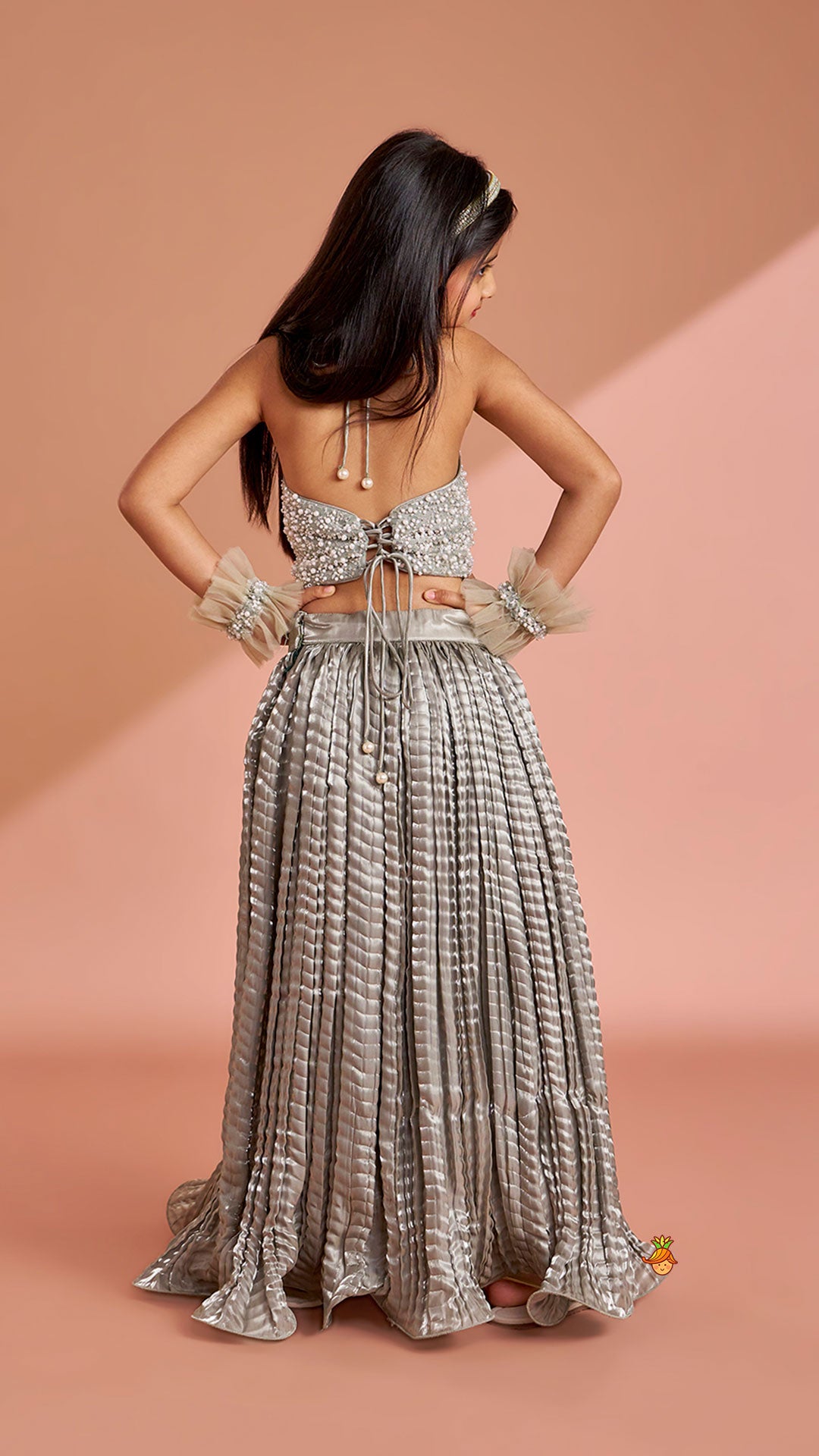 Gorgeous Open-Back Top And Crushed Lehenga With Wrist Cuff