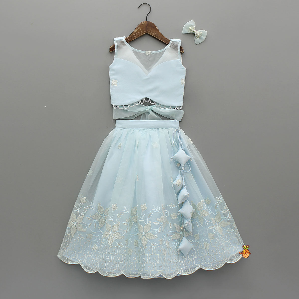 Organza Crop Top And Lehenga With Bow Hair Clip
