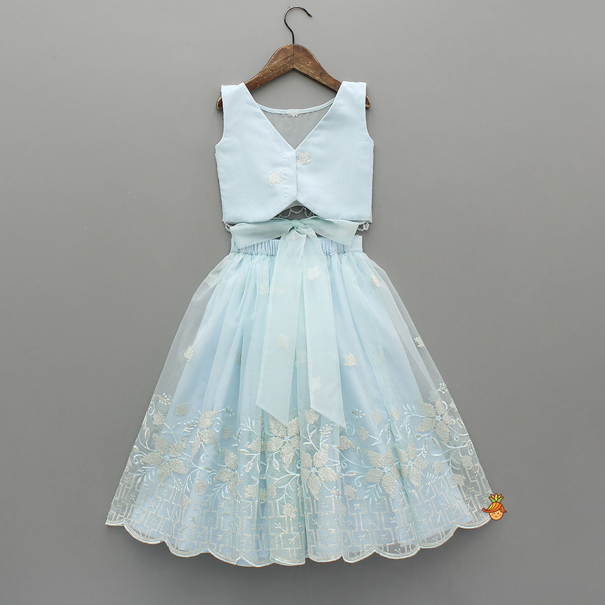 Organza Crop Top And Lehenga With Bow Hair Clip