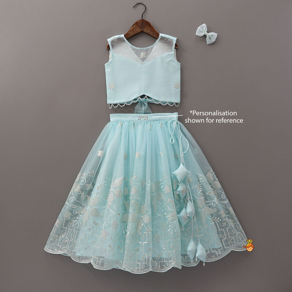 Organza Crop Top And Lehenga With Bow Hair Clip
