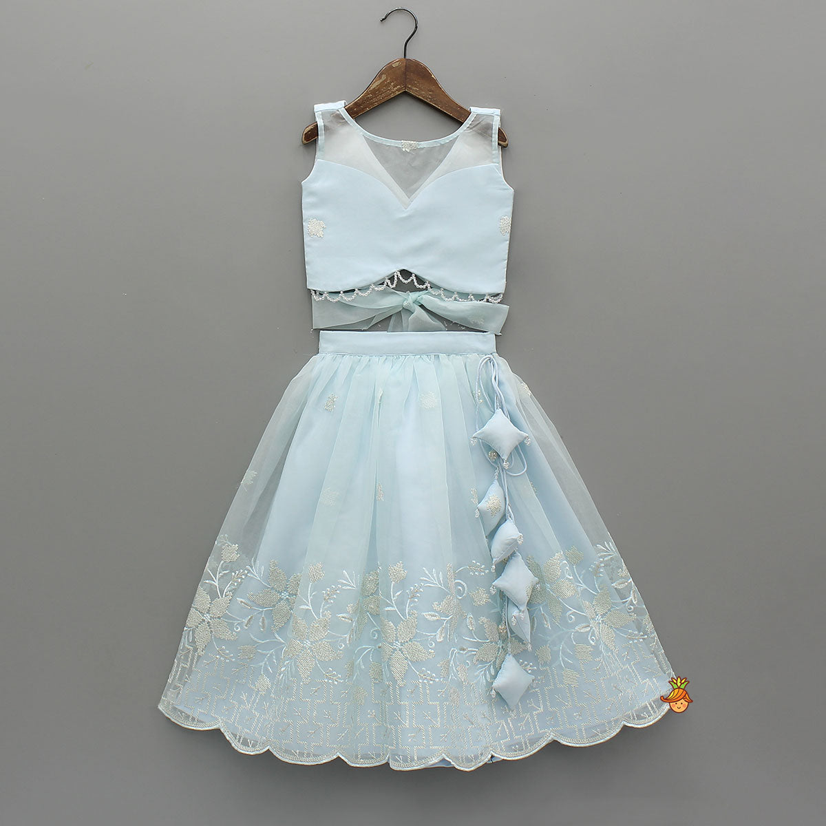 Organza Crop Top And Lehenga With Bow Hair Clip