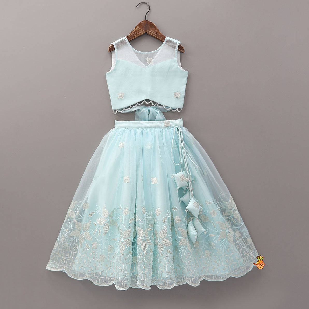 Organza Crop Top And Lehenga With Bow Hair Clip